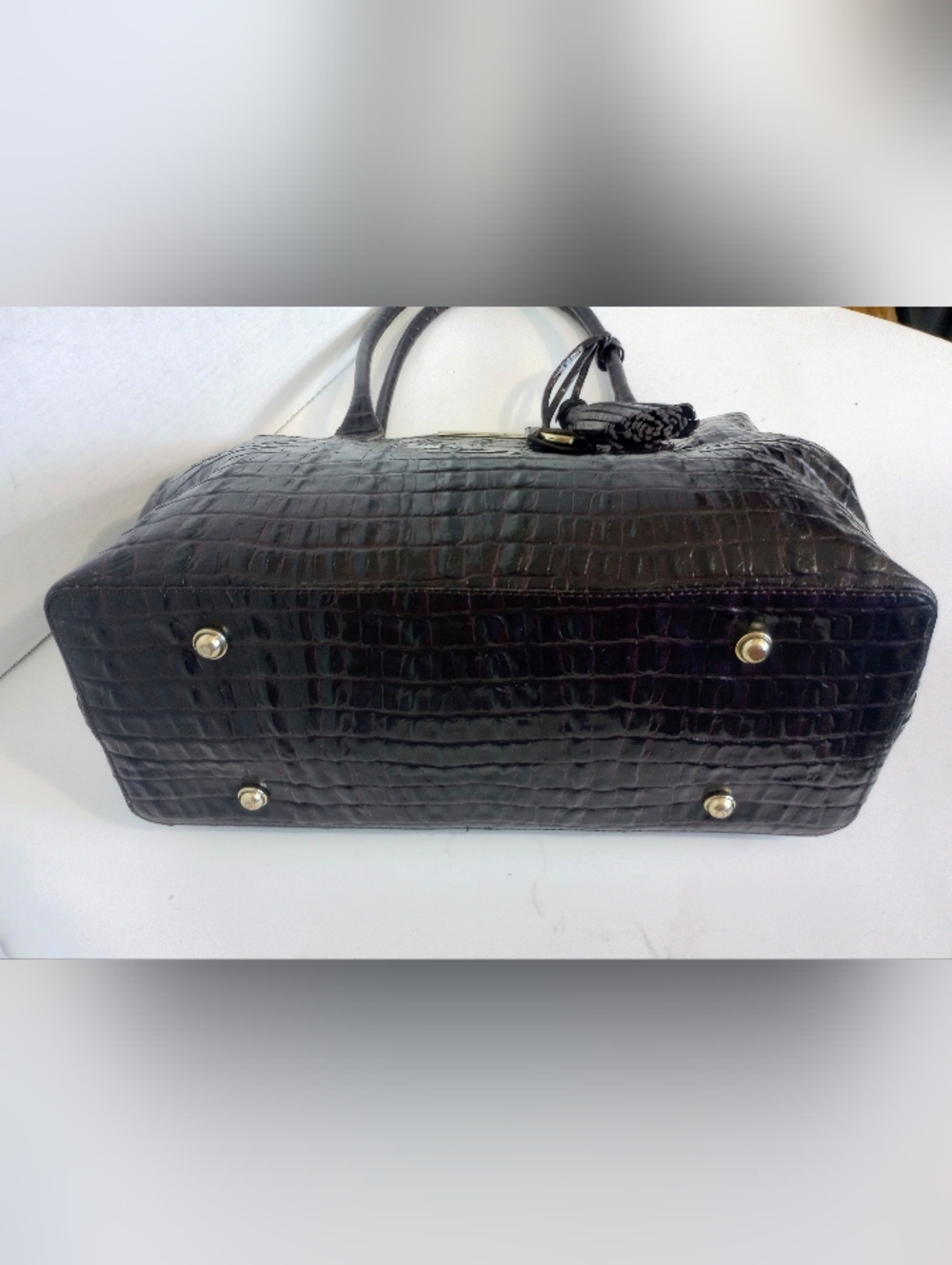 Brahmin Strada Anytime Croc Embossed Leather Tote In Caviar La Scala, Dark Brown - Picture 8 of 10